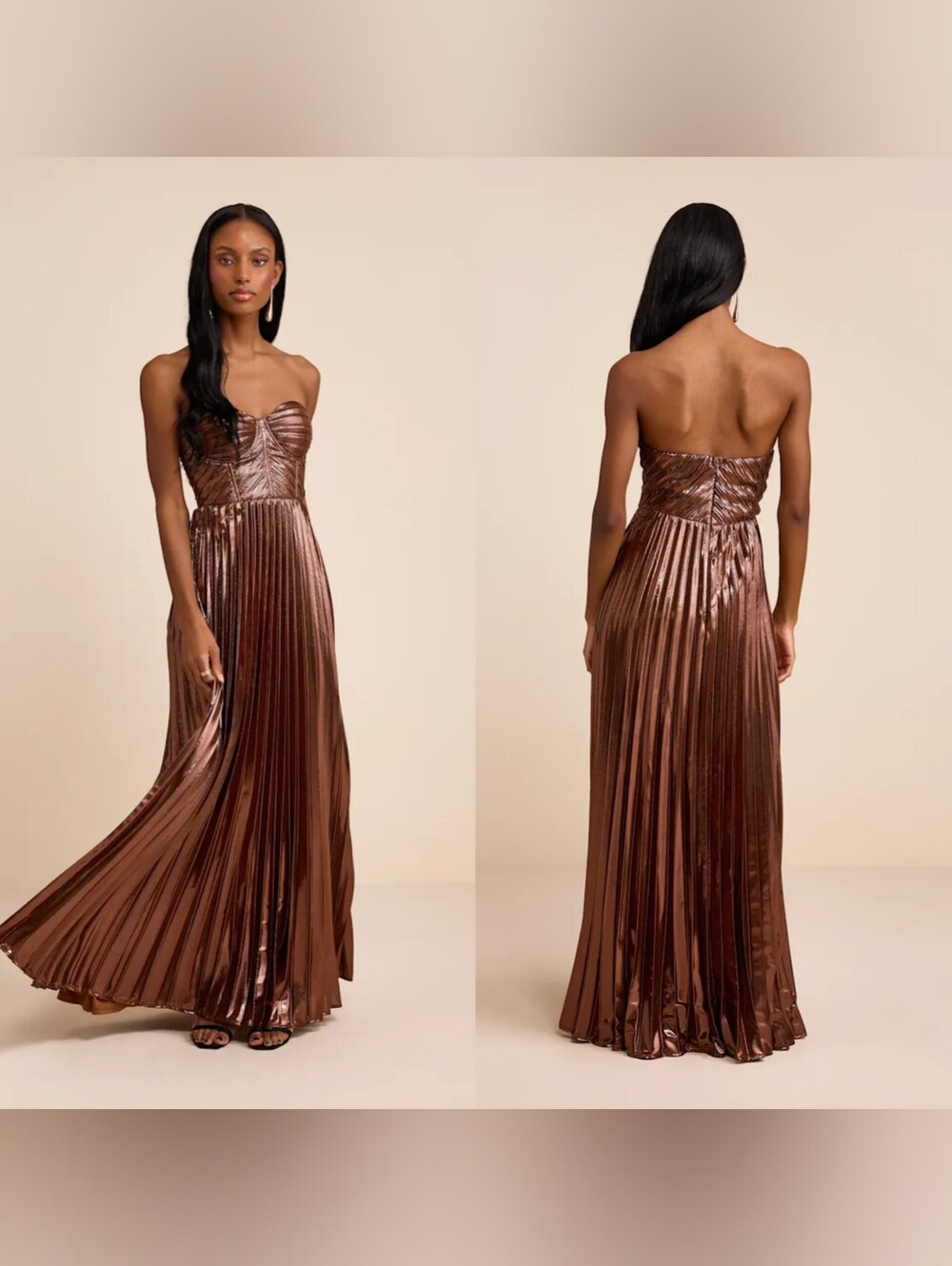 Lulus Shoshone Brown Pleated Lurex Strapless Bustier Maxi Dress M Wedding Party